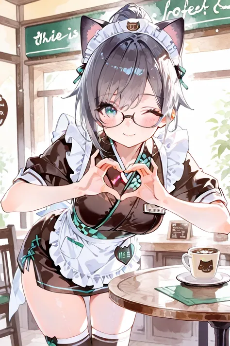 (( Highest Quality )), ((masterpiece)), ( details), watercolor,cute coffee shop waitress,glasses,cat shaped name plates,Short kimono ,Short sleeve,Maid Outfit,knee-high socks that hide in knits,Grey Jagged Ponytail, heart hands,Smile Yan,Close One Eye,beautiful girl leaning forward,heart effect,There is a table in the foreground