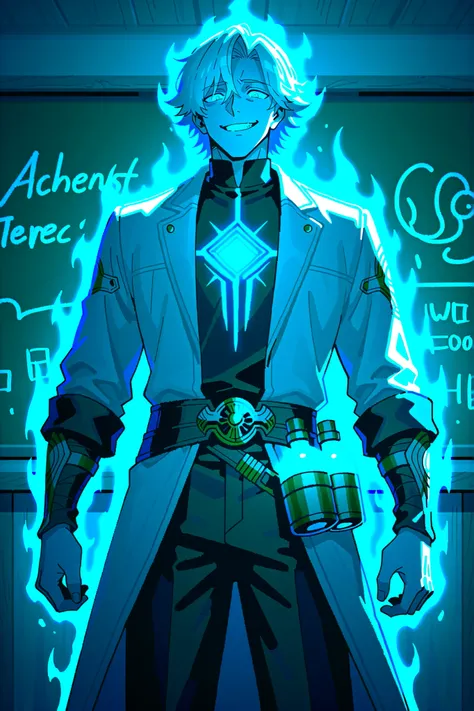 Solo, A fantasy anime-style elderly male character with a charmingly eccentric aura. He has sharp blue eyes full of mischief and wisdom, and wild white hair that flows past his shoulders. Despite his age, he has a strong, confident build and a roguishly ha...