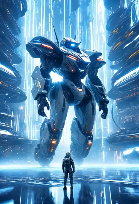 (Best Quality, 4k, ultra detailed, high resolution, Masterpiece: 1.2),(wide angle, Character in the distance in a futuristic building.:1.5), There is a character seen from afar., located on a high observation point:1.4. It is small compared to the surround...
