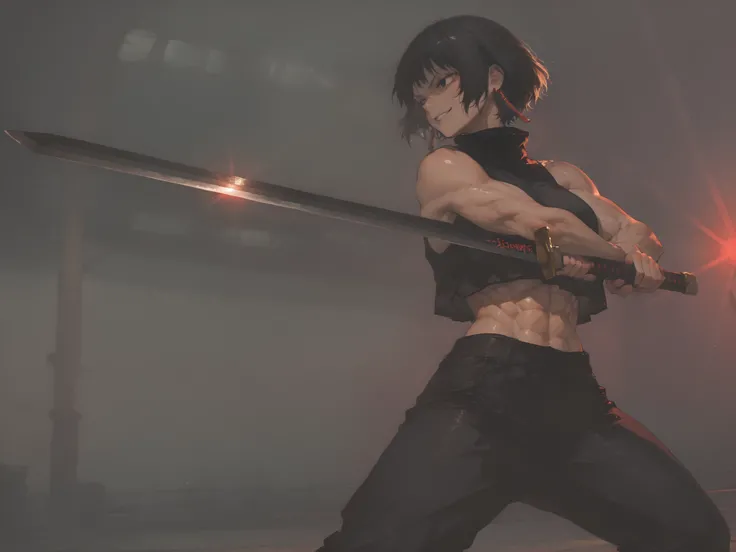 1girl, kagari hiyuki (kagurabachi), black hair, short hair, black eyes, big eyes, evil grin, long red earrings, black turtleneck, crop top overhang, black trousers, muscular, abs, cinematic angle, cinematic pose, fighting stance, (perfect hands:1.0),(maste...