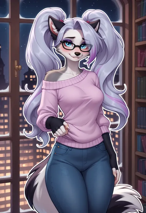 (4K HD Quality), score_9_up, score_8_up, score_6_up, anthro, solo, 1girl, anthropomorphic, female, furry, fox, (blue eyes:1.2), medium breasts, long white tail, claws, (white claws:1.2), pink pad paws, 

Long thick hair, (Twintails hair:1.4), 
(Lavender ha...