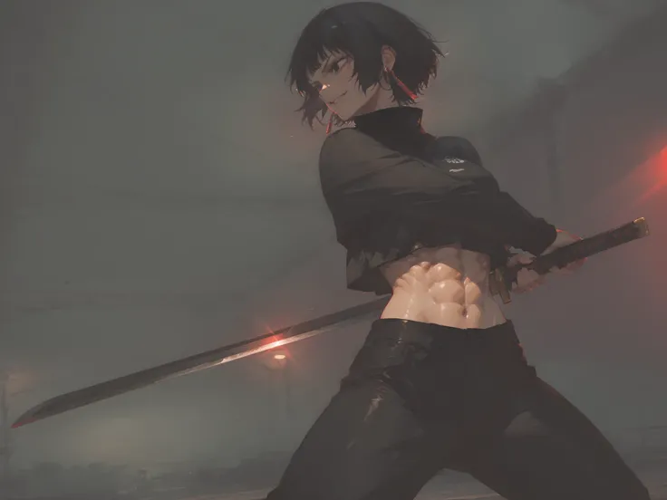 1girl, kagari hiyuki (kagurabachi), black hair, short hair, black eyes, big eyes, evil grin, long red earrings, black turtleneck, crop top overhang, black trousers, muscular, abs, cinematic angle, cinematic pose, fighting stance, (perfect hands:1.0),(maste...