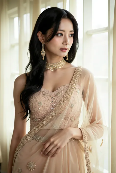 (masterpiece, ultra-detailed, photorealistic, high quality, fashion editorial),

a graceful Indian woman standing near a sheer curtain-lit window, wearing a pastel beige embroidered lehenga with sequin and thread floral work, semi-sheer dupatta draped over...