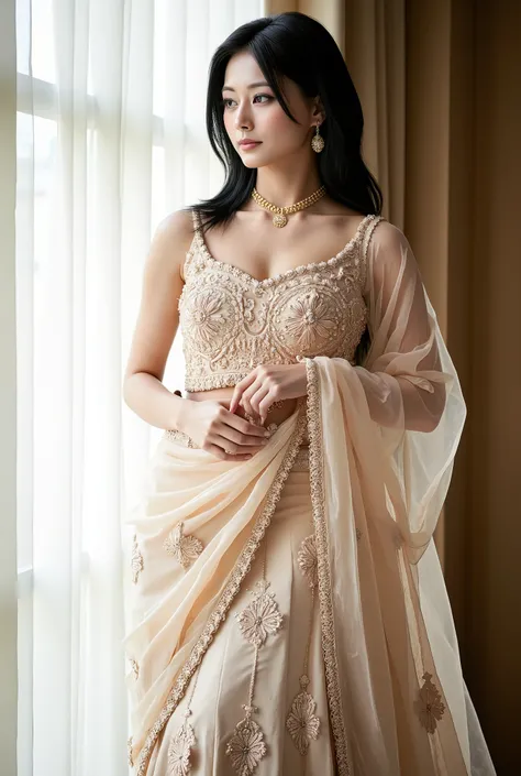 (masterpiece, ultra-detailed, photorealistic, high quality, fashion editorial),(big  :1.3),(full length image)

a graceful plump woman standing near a sheer curtain-lit window, wearing a pastel beige embroidered lehenga with sequin and thread floral work, ...
