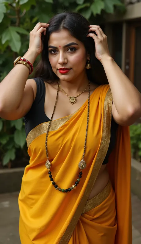 sunny day light, thick and curvaceous light neutral skin tone woman in completely sweaty hairs,lust eyes,big , huge cleavage,visible,in a traditional attire, lower half of saree is lifted, wearing a deep red messed up elegant saree, no blouse piece and int...