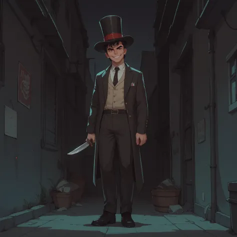 Full body Irish man with black hair in stitched continental suit with top hat, with knife, grim smile, in dark alley