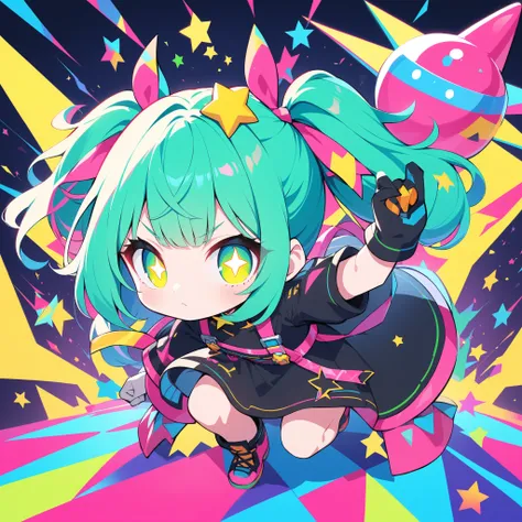 , and、features a yellow star-shaped accessory on the inside of the pigtail. raising his left arm up、with bright blue-green hair tied into pigtails、has a prominent pink ribbon on the top, x} moreover、enhances contrast and makes the character pop visually. c...