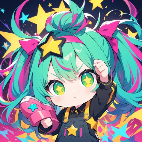 , and、features a yellow star-shaped accessory on the inside of the pigtail. raising his left arm up、with bright blue-green hair tied into pigtails、has a prominent pink ribbon on the top, x} moreover、enhances contrast and makes the character pop visually. c...