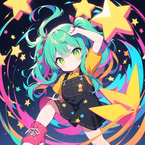 , and、features a yellow star-shaped accessory on the inside of the pigtail. raising his left arm up、with bright blue-green hair tied into pigtails、has a prominent pink ribbon on the top, x} moreover、enhances contrast and makes the character pop visually. c...