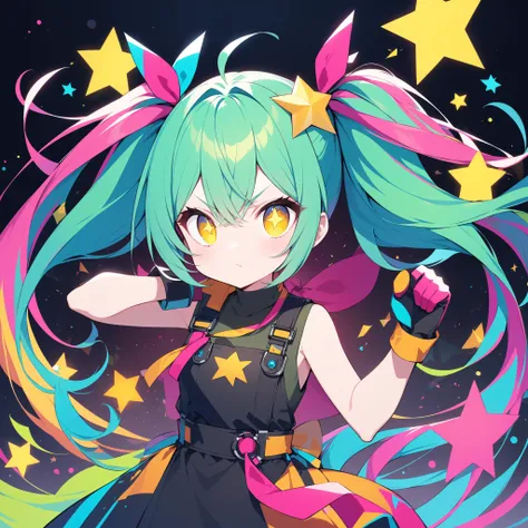 , and、features a yellow star-shaped accessory on the inside of the pigtail. raising his left arm up、with bright blue-green hair tied into pigtails、has a prominent pink ribbon on the top, x} moreover、enhances contrast and makes the character pop visually. c...