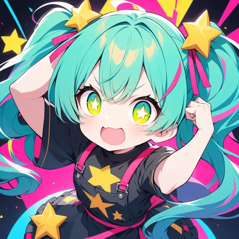 , and、features a yellow star-shaped accessory on the inside of the pigtail. raising his left arm up、with bright blue-green hair tied into pigtails、has a prominent pink ribbon on the top, x} moreover、enhances contrast and makes the character pop visually. c...