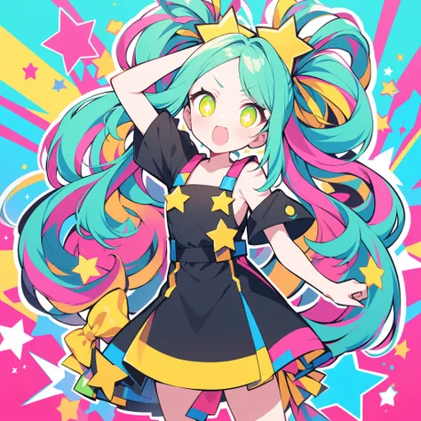 , and、features a yellow star-shaped accessory on the inside of the pigtail. raising his left arm up、with bright blue-green hair tied into pigtails、has a prominent pink ribbon on the top, x} moreover、enhances contrast and makes the character pop visually. c...