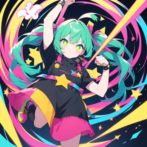 , and、features a yellow star-shaped accessory on the inside of the pigtail. raising his left arm up、with bright blue-green hair tied into pigtails、has a prominent pink ribbon on the top, x} moreover、enhances contrast and makes the character pop visually. c...