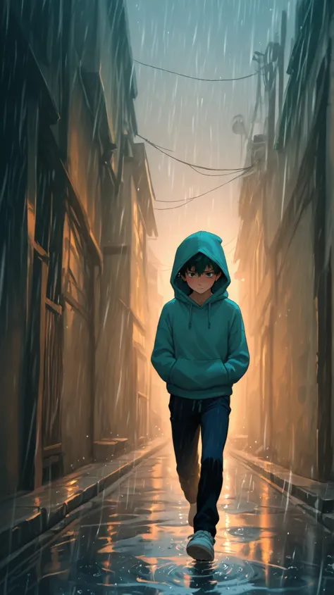 Anime-style boy walking alone in light rain, dark city alley, calm face but determined eyes, green hair, slow motion, wearing hoodie, hands in pockets, soft light glows in puddles, Ghibli style, emotional tone, cinematic feel, rainy evening, high quality, ...