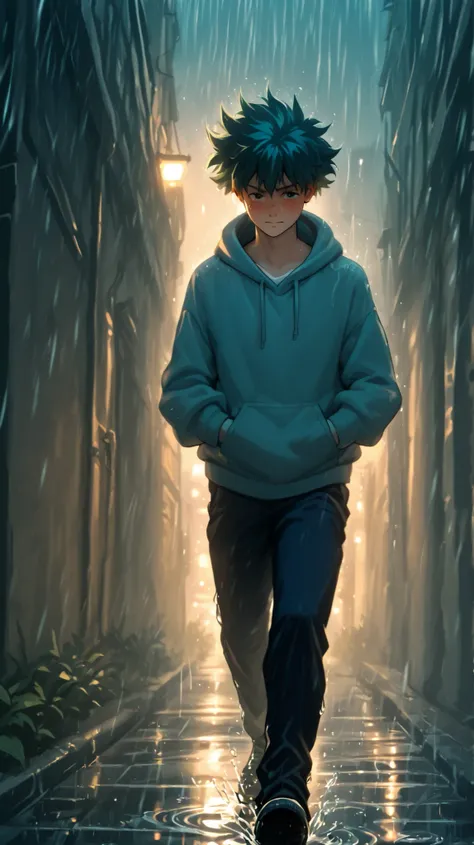 Anime-style boy walking alone in light rain, dark city alley, calm face but determined eyes, green hair, slow motion, wearing hoodie, hands in pockets, soft light glows in puddles, Ghibli style, emotional tone, cinematic feel, rainy evening, high quality, ...
