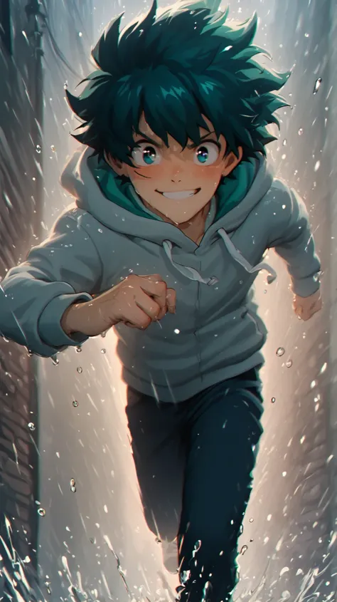 Anime-style boy running fast alone in light rain, dark city alley, confident face but determined eyes, a smile on face, green hair, slow motion, wearing hoodie, soft light glows in puddles, Ghibli style, emotional tone, cinematic feel, rainy evening, high ...