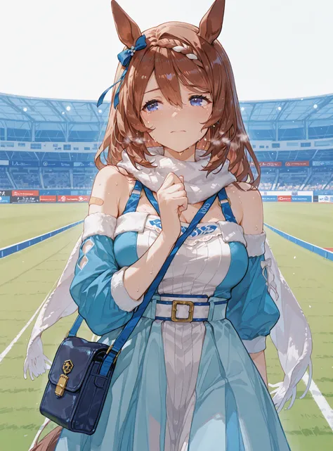 super creek (umamusume), head to knee angle portrait, standing in a quiet corner of a race stadium with a blurred track and stands in the background, wearing her official racing outfit: a loose-fitting one-piece dress in grey and blue tones with a motherly...