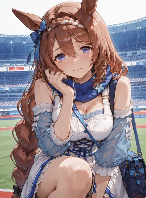 super creek (umamusume), head to knee angle portrait, standing in a quiet corner of a race stadium with a blurred track and stands in the background, wearing her official racing outfit: a loose-fitting one-piece dress in grey and blue tones with a motherly...