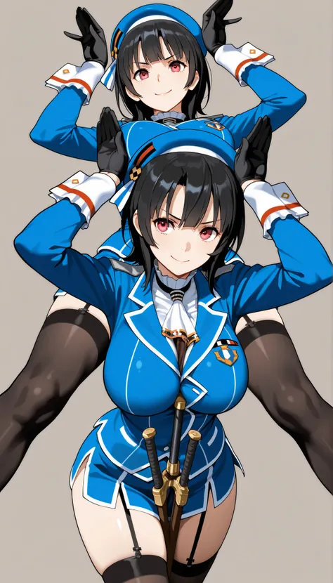 masterpiece, high score,  Great score ,very high resolution,fleet this is,Takao,(((simple background))),uniform,miniskirt,beret,stare at viewers in the mansion's bathroom,(((Between clothes))), 
happy,dynamic pose,Black Gloves,weapons,black knee-high stock...