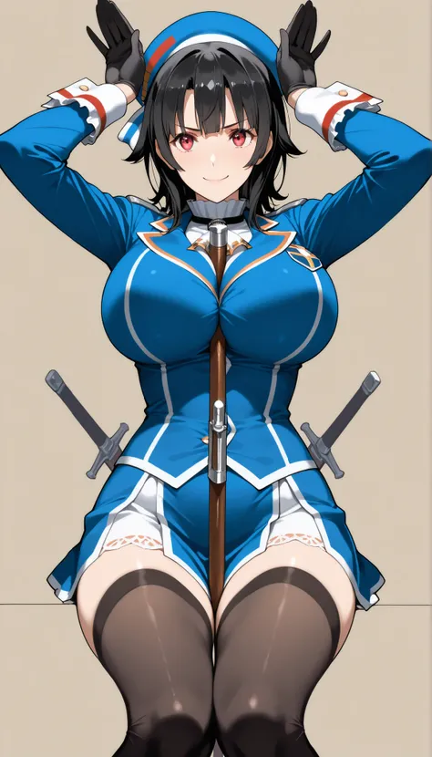 masterpiece, high score,  Great score ,very high resolution,fleet this is,Takao,(((simple background))),uniform,miniskirt,beret,stare at viewers in the mansion's bathroom,(((Between clothes))), 
happy,dynamic pose,Black Gloves,weapons,black knee-high stock...