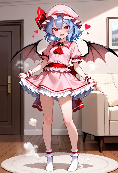 masterpiece,highquality,steam,heart effect,standing,1girl,living room,girl,remilia scarlet,petite,medium hair,blue hair,red eyes, pink headwear ,clothed,mini skirt,frilled skirt,ankle socks,open eyes,smile,open mouth,full body
