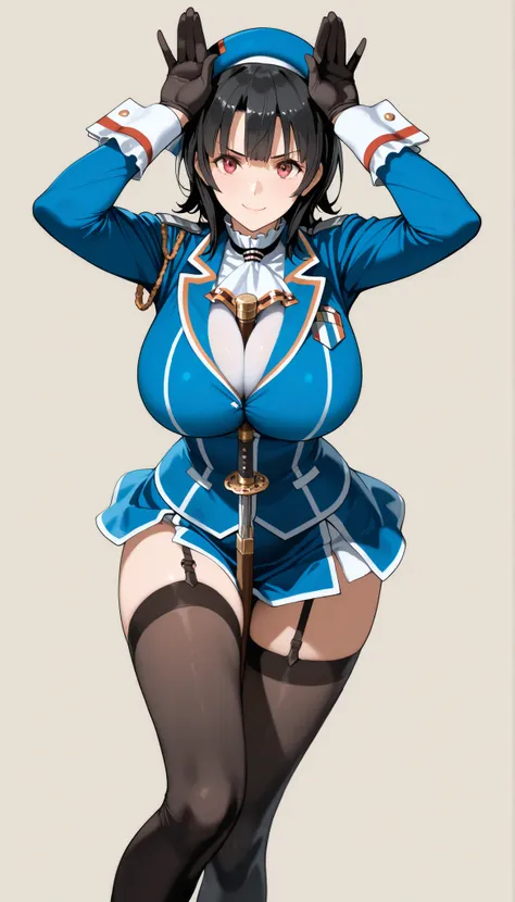 masterpiece, high score,  Great score ,very high resolution,fleet this is,Takao,(((simple background))),uniform,miniskirt,beret,stare at viewers in the mansion's bathroom,(((Between clothes))), 
happy,dynamic pose,Black Gloves,weapons,black knee-high stock...