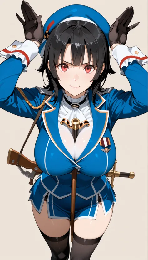 masterpiece, high score, Great score ,very high resolution,fleet this is,Takao,(((simple background))),uniform,miniskirt,beret,stare at viewers in the mansion's bathroom,(((Between clothes))),
happy,dynamic pose,Black Gloves,weapons,black knee-high stock...
