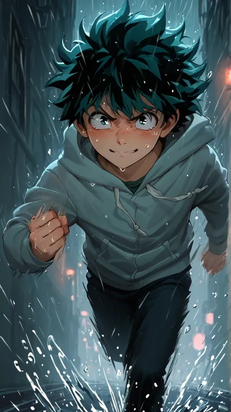 Anime-style boy running fast alone in light rain, dark city alley, confident face but determined eyes, green hair, slow motion, wearing hoodie, soft light glows in puddles, Ghibli style, emotional tone, cinematic feel, rainy evening, high quality, 8K ultra...