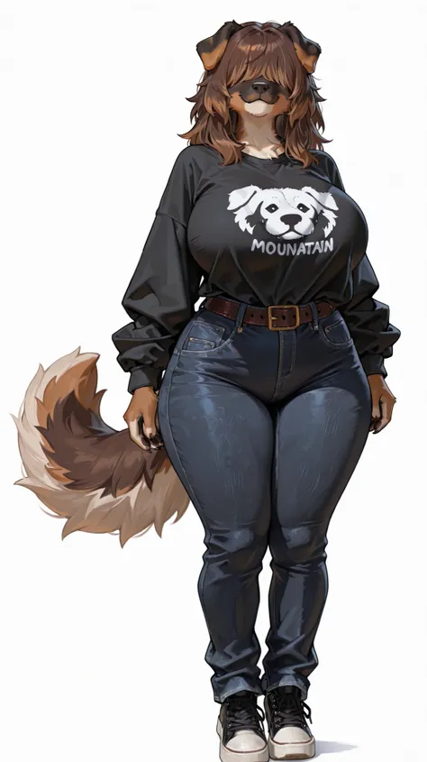 masterpiece, best quality, amazing quality, very aesthetic, high resolution, ultra-detailed, absurdres, newest, female, mountain dog, pastoral dog, tibetan mountain dog, brown hair, (hair cover eyes, hidden eyes), huge breasts, folded ears, fluffy tail, pa...