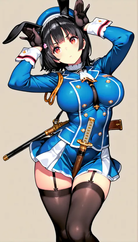 masterpiece, high score,  Great score ,very high resolution,fleet this is,Takao,(((simple background))),uniform,miniskirt,beret,stare at viewers in the mansion's bathroom,(((Between clothes))), 
happy,dynamic pose,Black Gloves,weapons,black knee-high stock...