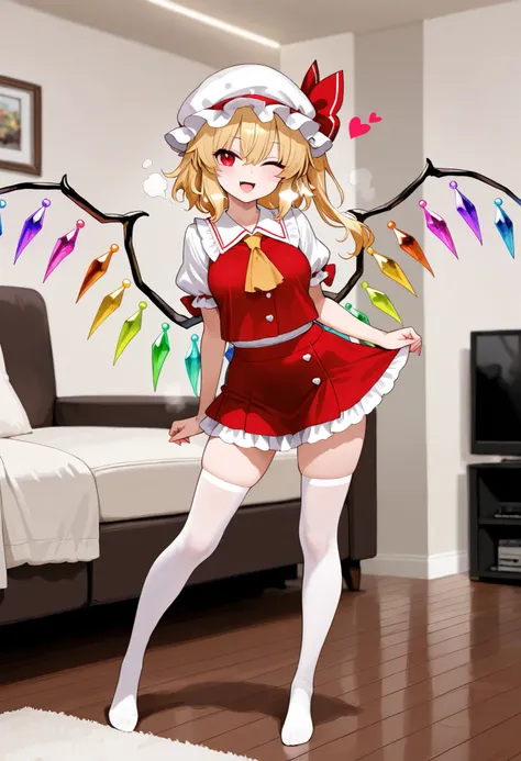 masterpiece,highquality,steam,heart effect,standing,contrapposto,open legs,1girl,solo,living room,girl,flandre scarlet, petite,medium breast,medium hair,blond hair,side ponytail,red eyes, white headwear,clothed ,mini skirt,frilled skirt,white thighhighs,sm...