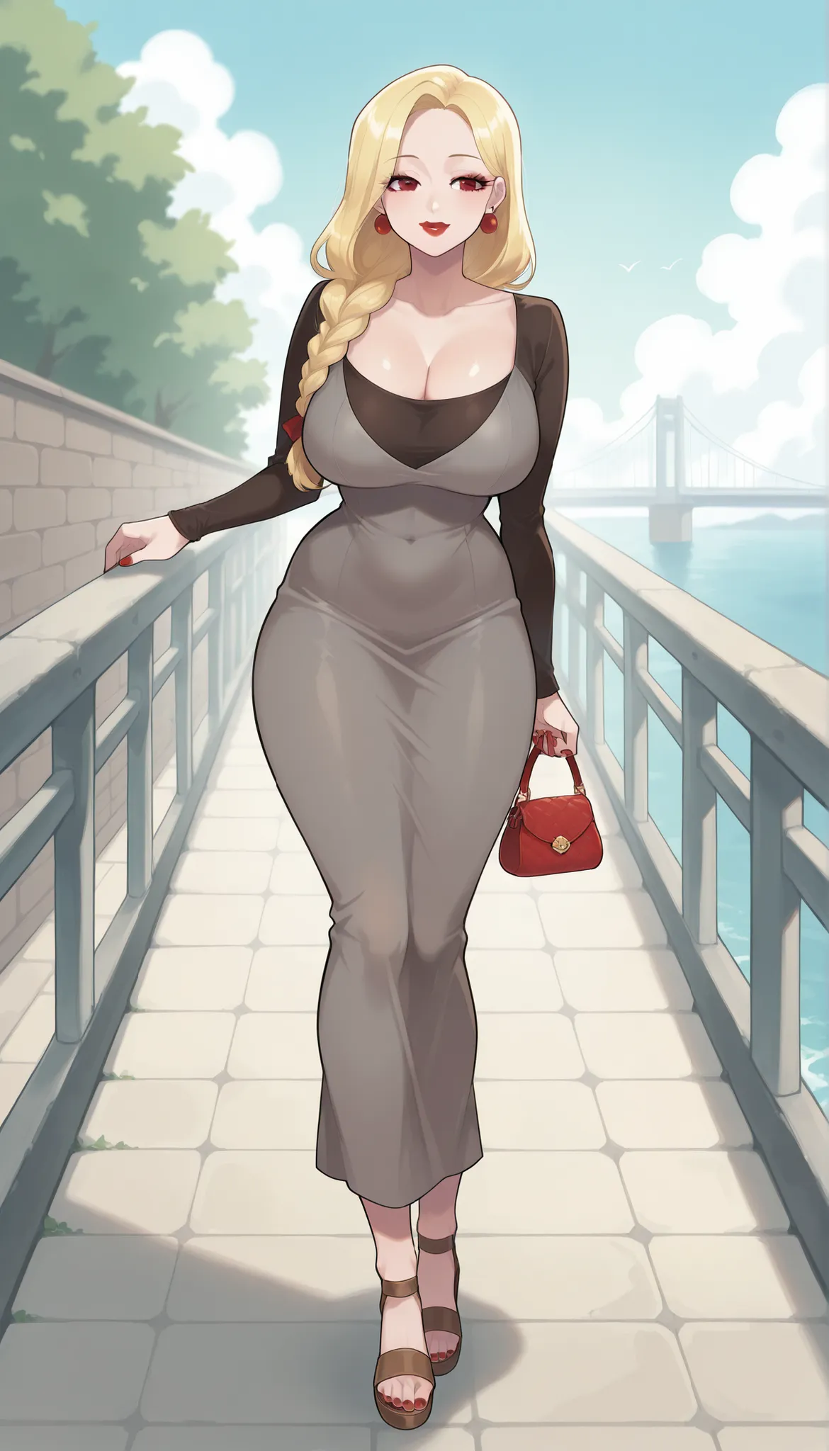 Jumi | New Town, extremely beautiful, blonde hair, red nails, red plump glossy lips, and extremely fair pale white shiny skin. She's wearing a long tight ankle-length grey dress with long tight attached sleeves and a scoop neckline, and brown sandals. She'...
