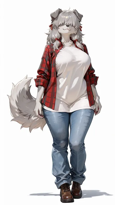 masterpiece, best quality, amazing quality, very aesthetic, high resolution, ultra-detailed, absurdres, newest, female, sheepdog, gray fur, gray hair, (hair cover eyes, hidden eyes), big breasts, folded ears, fluffy tail, paws, claws, full body, white back...