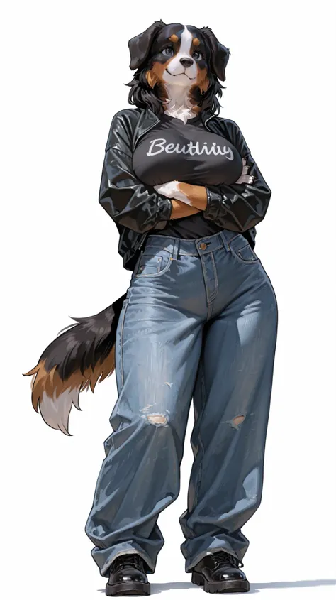 masterpiece, best quality, amazing quality, very aesthetic, high resolution, ultra-detailed, absurdres, newest, female, Bernese Mountain Dog, big breasts, folded ears, fluffy tail, paws, claws, full body, white background, BREAK, photorealistic details, vo...