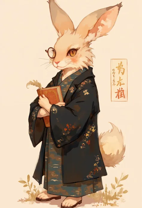 Highest Quality,A male rabbit in a retro black kimono and coat holding a book and quill,Smile,monocle,fantasy,cowboy shot,simple background,,(moe-sode),see here,standing with arms crossed,