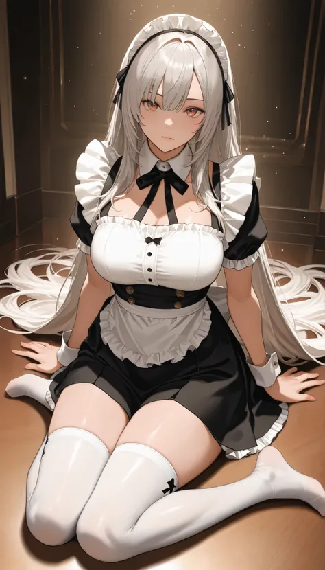 Girls staring at rabbits、Maid Outfit、sitting、flare skirt、 Ashikiri 、detailed eyes drawn with an embarrassing expression、shorts、Legwear with Invisible Toes、cross race legwear、masterpiece、Highest Quality、uncensored、4K、8k、high resolution、masterpiece、extremel...