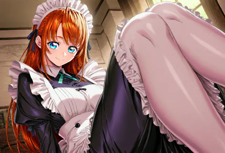 (Yokota Mamoru style),charming smile,(portrait :1.4)Girls staring at rabbits、Maid Outfit、sitting、flare skirt、 detailed eyes drawn with an embarrassing expression、masterpiece、Highest Quality、uncensored、4K、8k、high resolution、masterpiece、extremely detailed de...