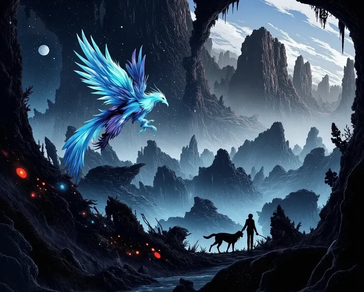 A glowing blue phoenix in a starry cosmic sky, multiple moons and planets in the background, over a dark, jagged landscape. Silhouettes of people and a dog walking below, in a mystical, otherworldly scene.