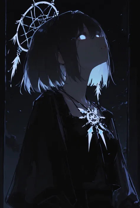 1girl,short hair, nightmare, dreamcatcher, upperbody, dark, night, low light, glowing eyes, gothic, masterpiece , best quality , good quality , highres , absurdres 