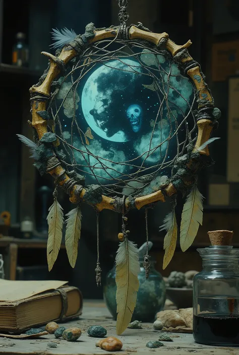 Dark Fantasy" is a close-up of an ancient artifact, a nightmare catcher, artfully made from yellowed bones, fragments of obsidian and raven feathers intertwined with silver thread. In the center is a trapped nightmare, a swirling shadow with barely discern...