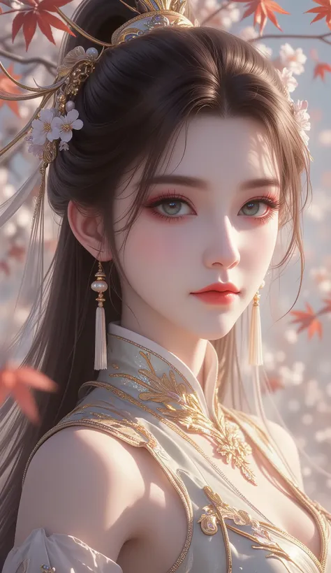 Chinese Fairy Tales character, extremely details, high detailed face, mature woman, cool beauty, living expressions, emerald eyes, expressionless, (brown hair), highlight, high ponytail, shiny silky, long hair, tassel earrings, gold Hair tube, iridescent, ...