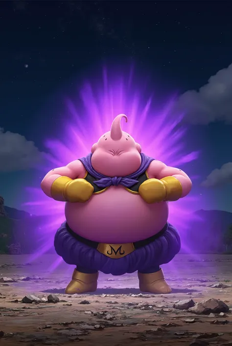 Majin Buu, From DBZ Universe, Smart, Mature, Full Body, Fighting Pose, Purple Aura, Highly Detailed, Dark BG, Night Time Sky, Open Place, Cinematic, Hyper Realistic 