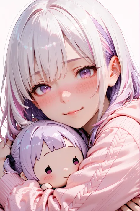 chibi style, (pastel color),Low Fidelity (lofi) art style,
pastel pink and purple tones,2girls, hugging each other, one girl with purple hair, one girl with white hair, blushing expressions, simple background with pink and white split, cozy and heartwarmin...