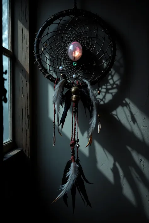 Decorative dreamcatcher crafted from dark copper ring with fine web of black and silver hair. Polished beads of jade and rose quartz embedded in intricate pattern, along with translucent glass beads shaped like realistic eyes. Details include: bird feather...