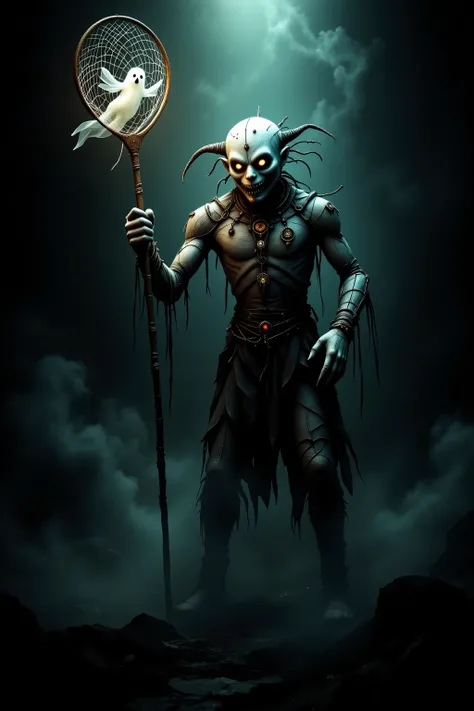 The nightmare catcher. A scary but slightly funny voodoo doll came to life , took a butterfly net in her hand and caught a little ghost ghost. rejoices at this .detail, cinematic horror 