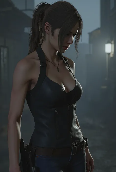 Resident Evil, Claire Redfield, big breasts, perfect breasts, cleavage, perfect body, black Cheongsam, Apocalypse, dark, foggy, Zombies, survival horror, dark alley background, sexy, seductive, high detail, masterpiece.