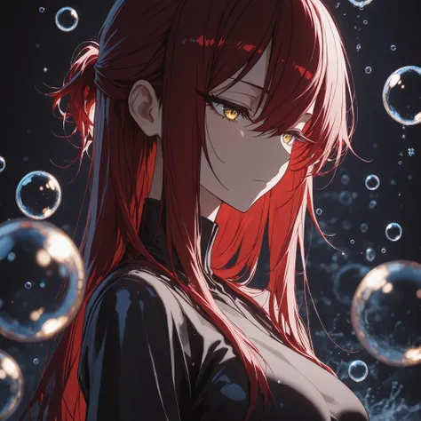 1 girl , golden eyes , very long hair , long sidelocks, red hair ,half updo, petite , very cute , beautiful ,Straight hair, cool, handsome, hair between eyes, sexy, medium breasts , water, bubbles, backlighting, dark, face focus, closed up, head shot, flow...