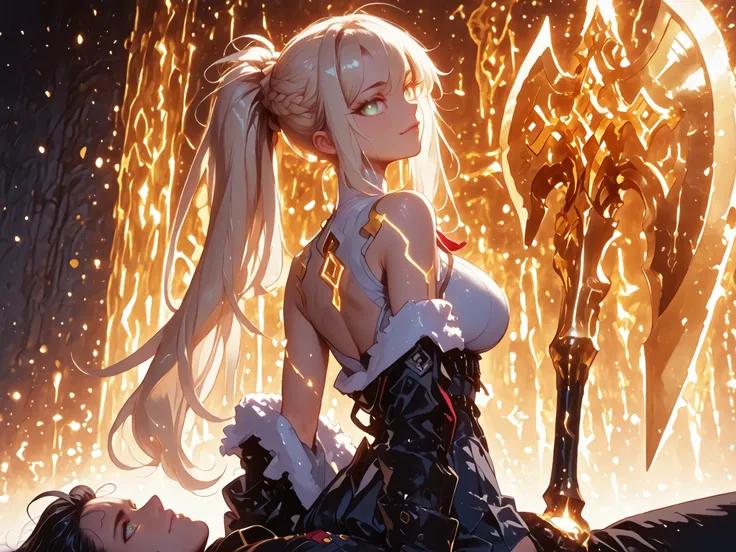 A young female character, with the same height and body type as Mash from Fate Grand Order. She has long blonde hair tied in a ponytail like Artoria Pendragon Ruler from Fate Grand Order, and the same facial features as Artoria Pendragon Ruler from Fate Gr...
