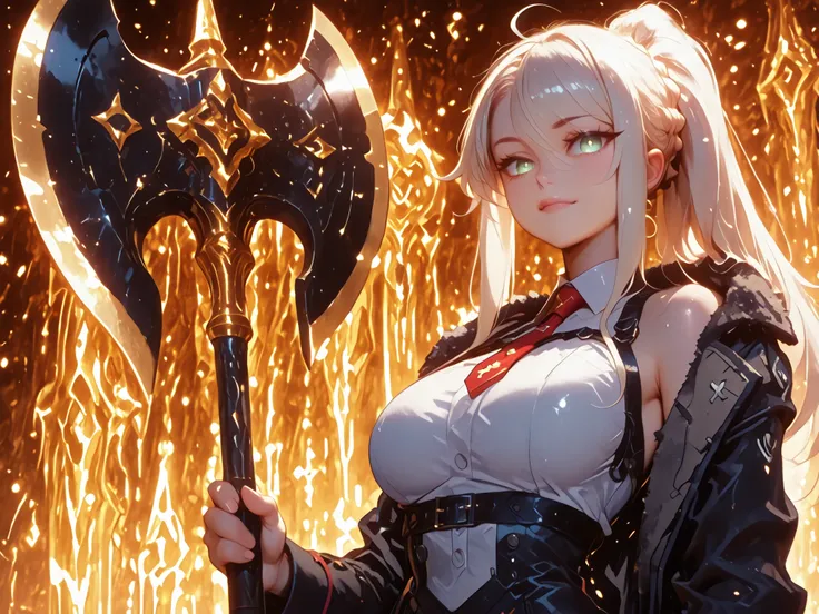 A young female character, with the same height and body type as Mash from Fate Grand Order. She has long blonde hair tied in a ponytail like Artoria Pendragon Ruler from Fate Grand Order, and the same facial features as Artoria Pendragon Ruler from Fate Gr...