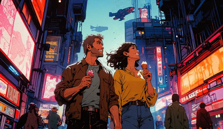 a couple walking the streets smiling and happy while having an ice cream, behind them in the background of a cyberpunk city with several flying cars and bladerunner-style people